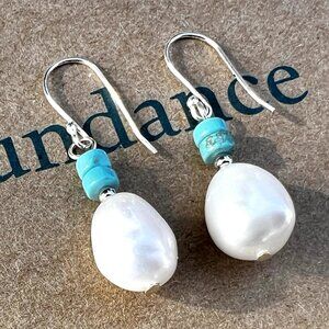 Sundance $98 NEW BIWA PEARL TURQUOISE Sterling Silver 1-3/8" Handmade Earrings